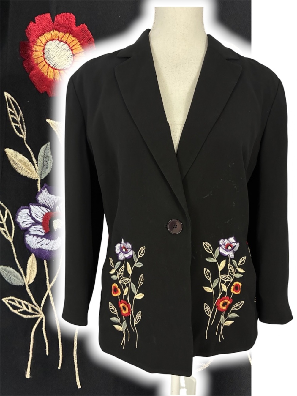 100% Silk Embroidered Blazer 10 Floral Cottagecore Black POCKETS Jacket Flowers